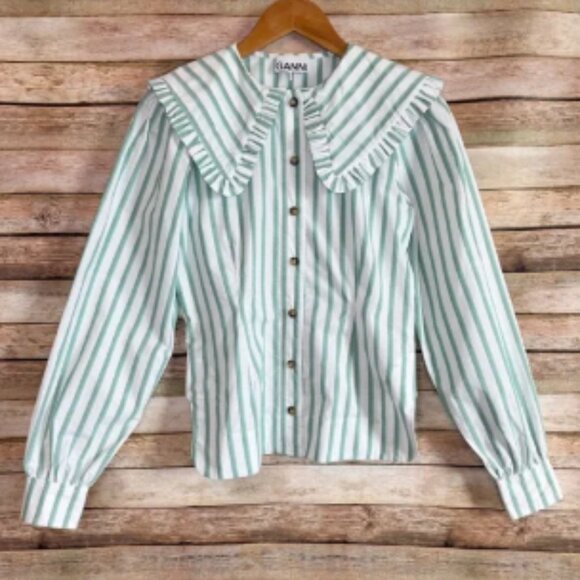 GANNI Women's Ruffled Collar Green Striped Cotton Poplin Blouse Size 32 - Picture 1 of 6